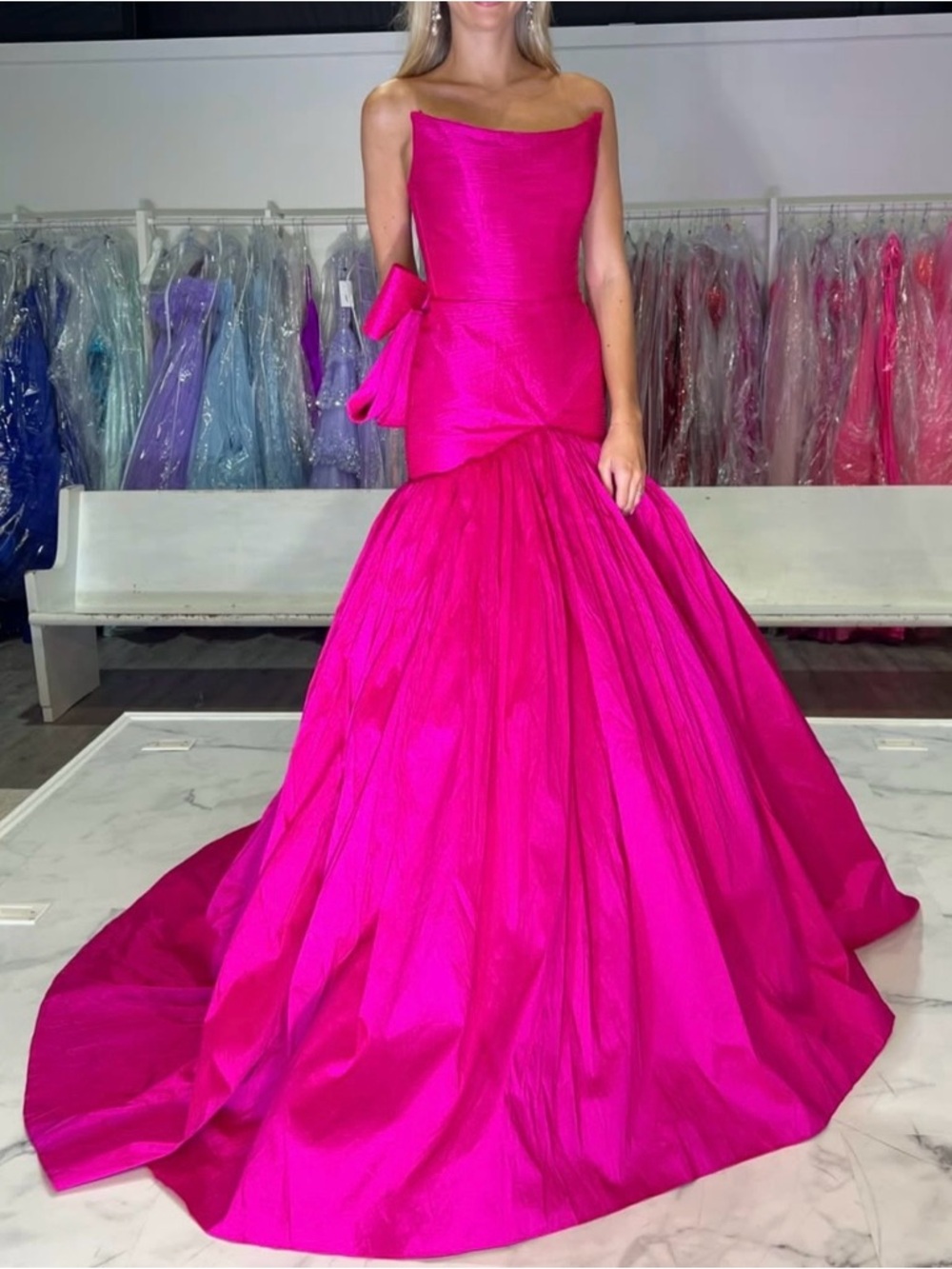 Tarik Ediz Strapless Hot Pink Ball Gown with Waist Bow